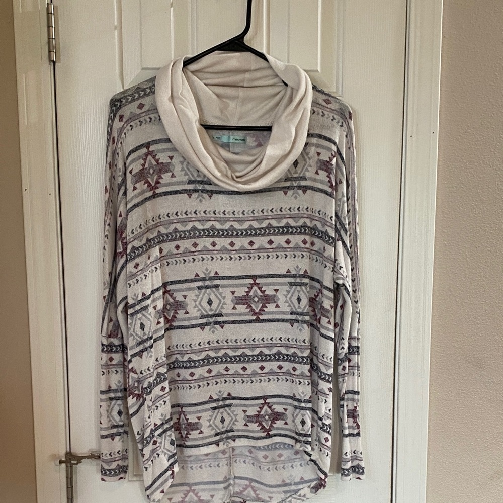 Maurices Geometric Cowl Neck Sweater - Cream, black & maroon